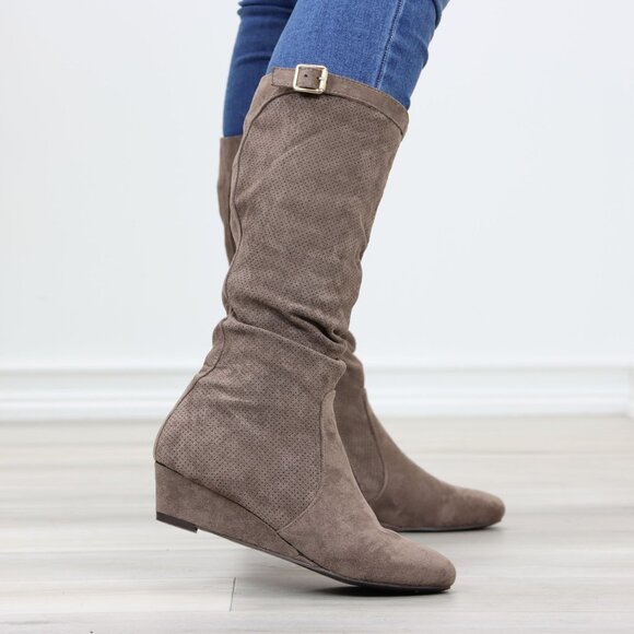 Taupe Faux Suede Round Toe Low Kitten Wedge Heel Mid Calf Boots - Picture 8 of 13